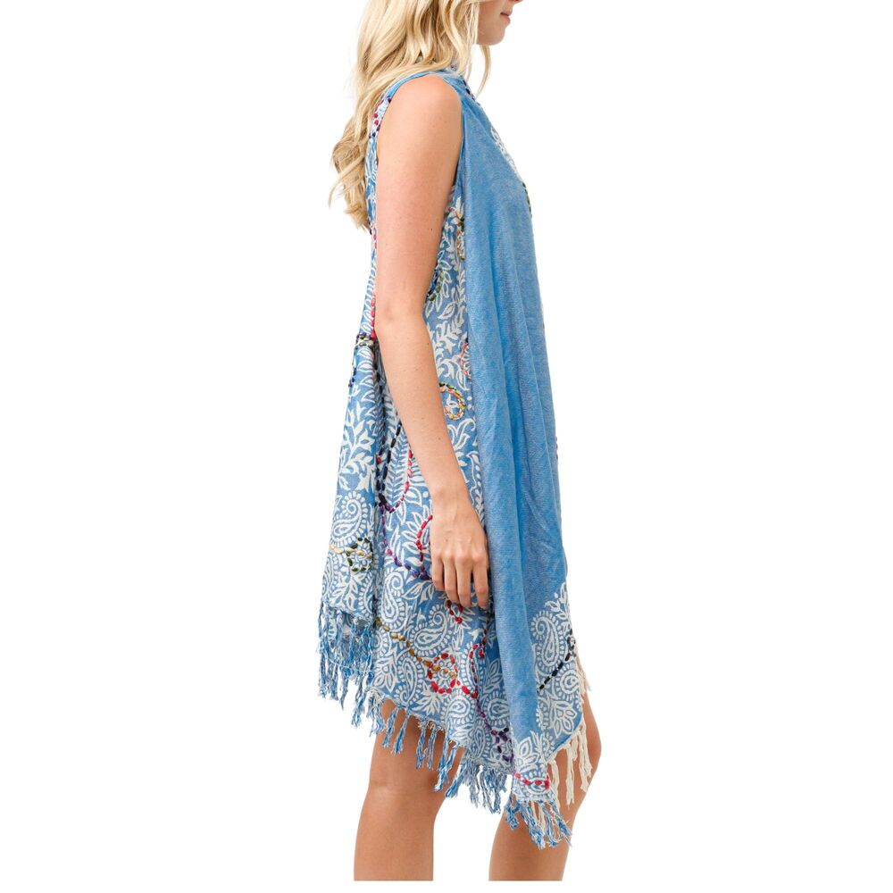 New Design Long Vest Boho Embroidered Gift Fringe Cool Blue Skyler Vest 1 Size